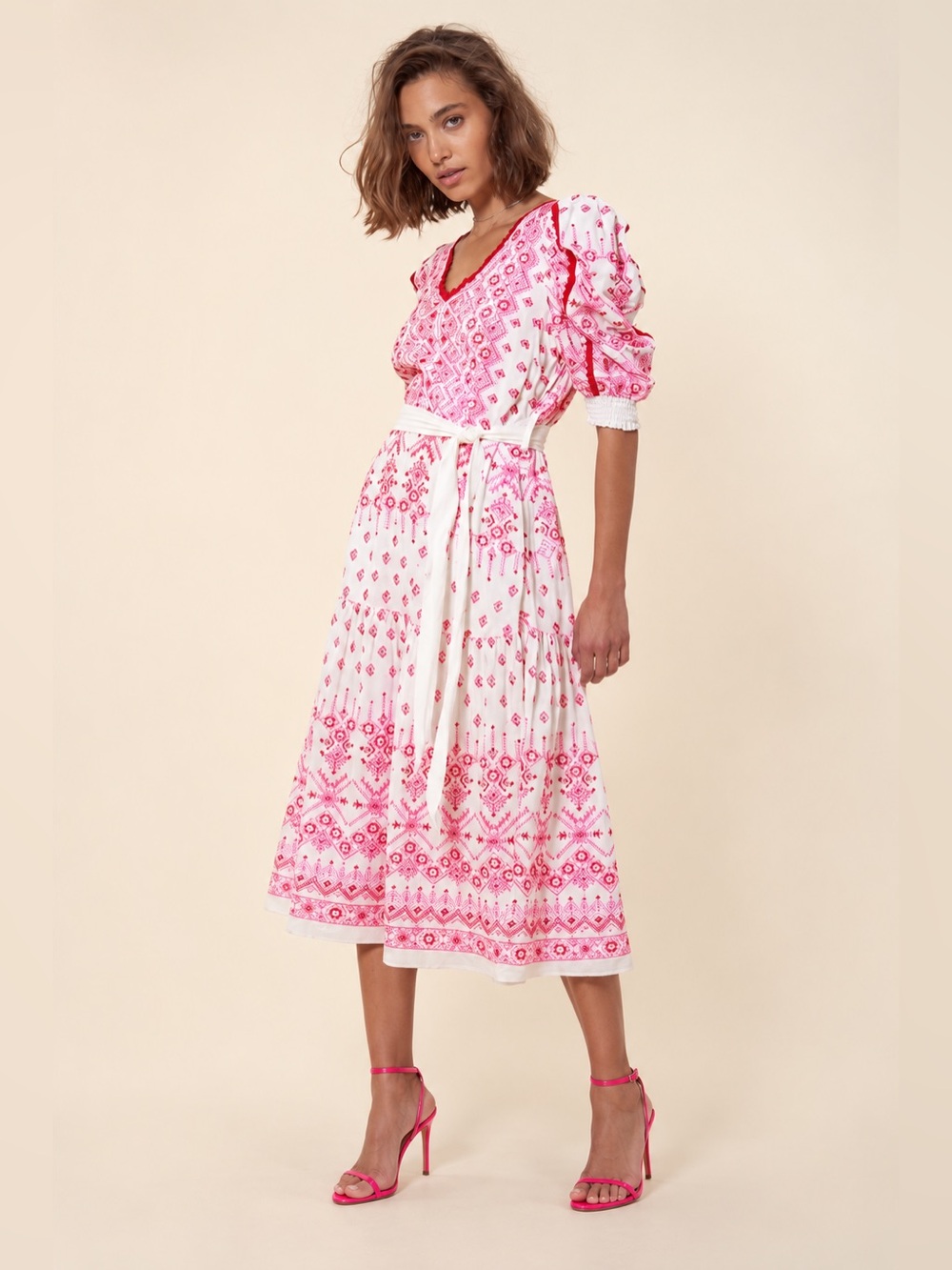 Hale Bob White Cottagecore Midi Dress with Pink Embroidery/Puff Sleeves Sz Xs